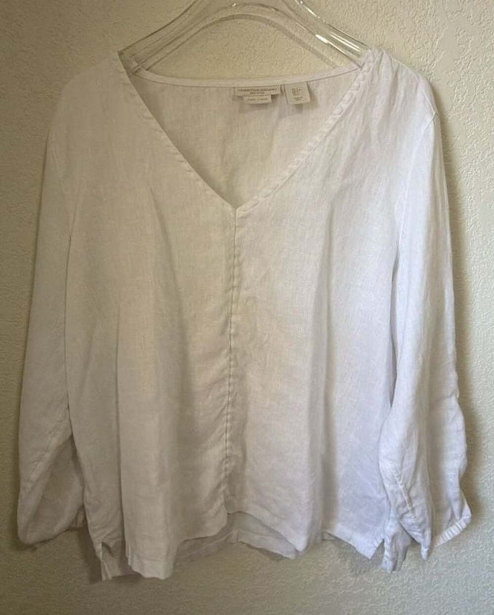 Christian Siriano Blouse Size L White 100% Linen Long Sleeve V-Neck Top